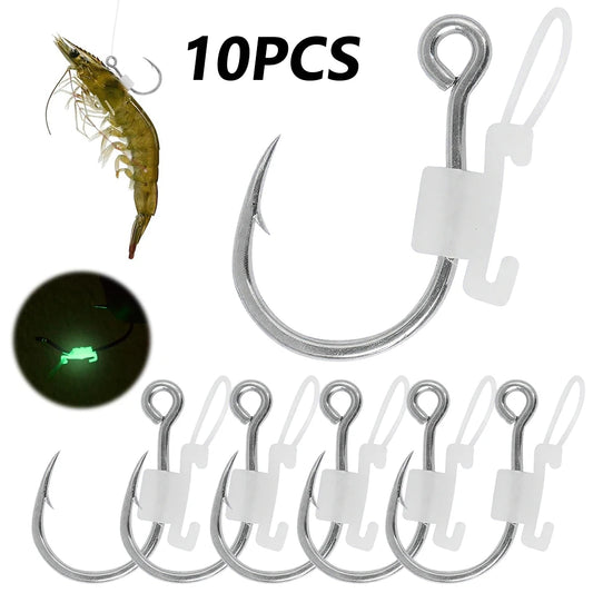 10pcs Luminous Live Shrimp Hooks – Metal Barbed Carbon Steel Fishing Hooks for Bait Fixing and Accessories