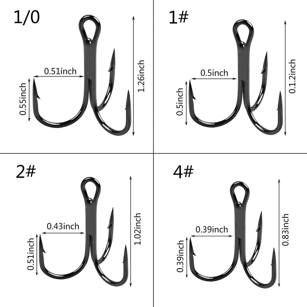 100pcs Treble Fishing Hooks – High-Carbon Steel Saltwater Fishhooks with High Strength, Sizes 1/0#–14#