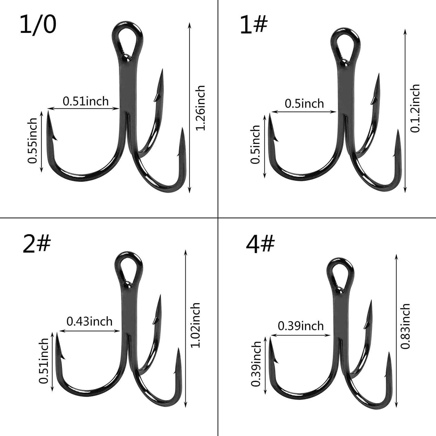 100pcs Treble Fishing Hooks – High-Carbon Steel Saltwater Fishhooks with High Strength, Sizes 1/0#–14#