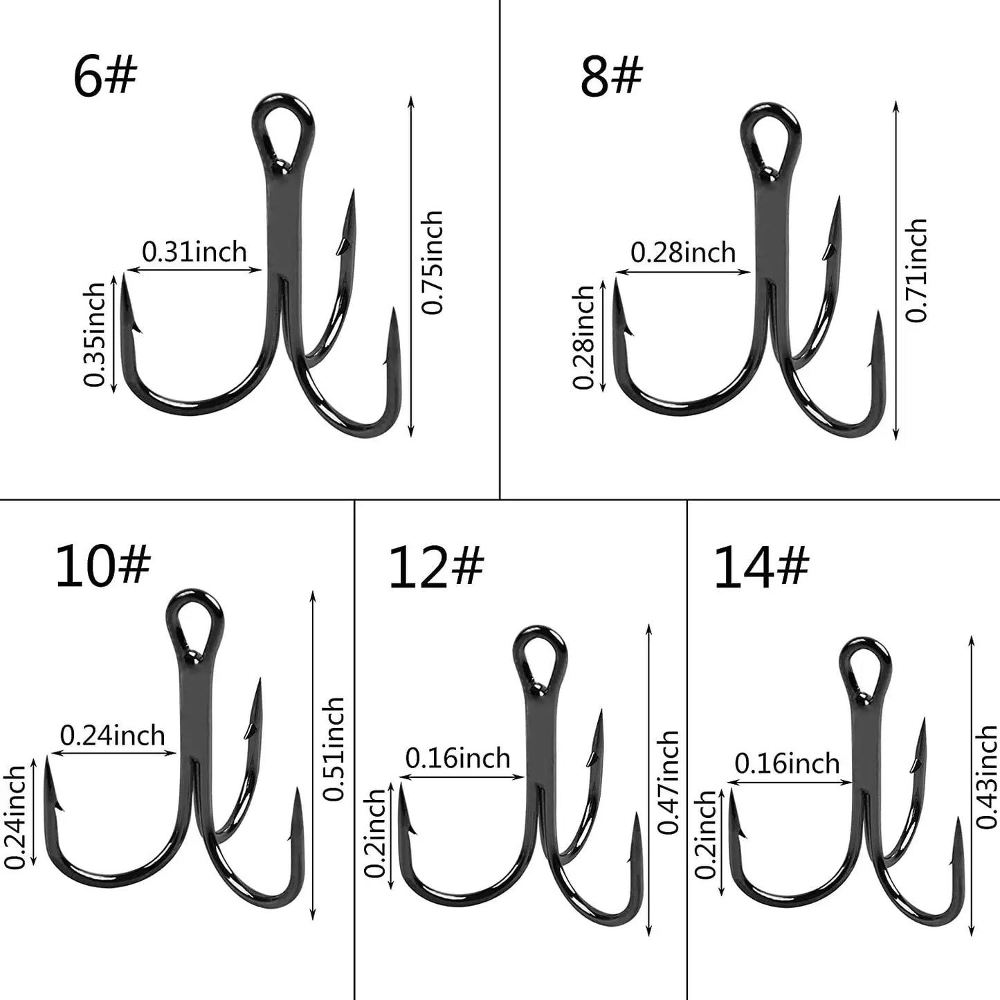 100pcs Treble Fishing Hooks – High-Carbon Steel Saltwater Fishhooks with High Strength, Sizes 1/0#–14#