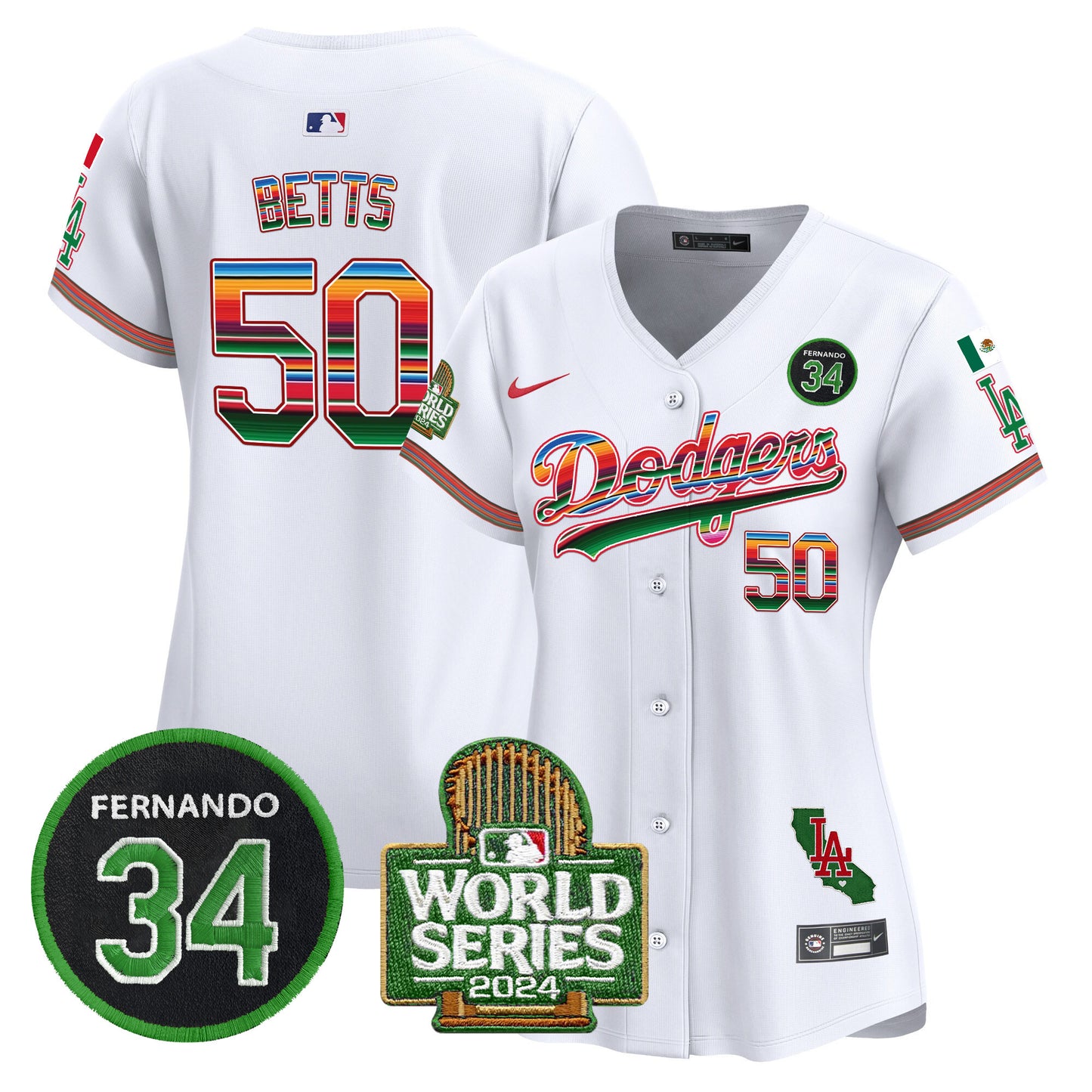 Women's Dodgers Mexico Fernando Memorial & 2024 World Series Patch Vapor Premier Limited Jersey - All Stitched