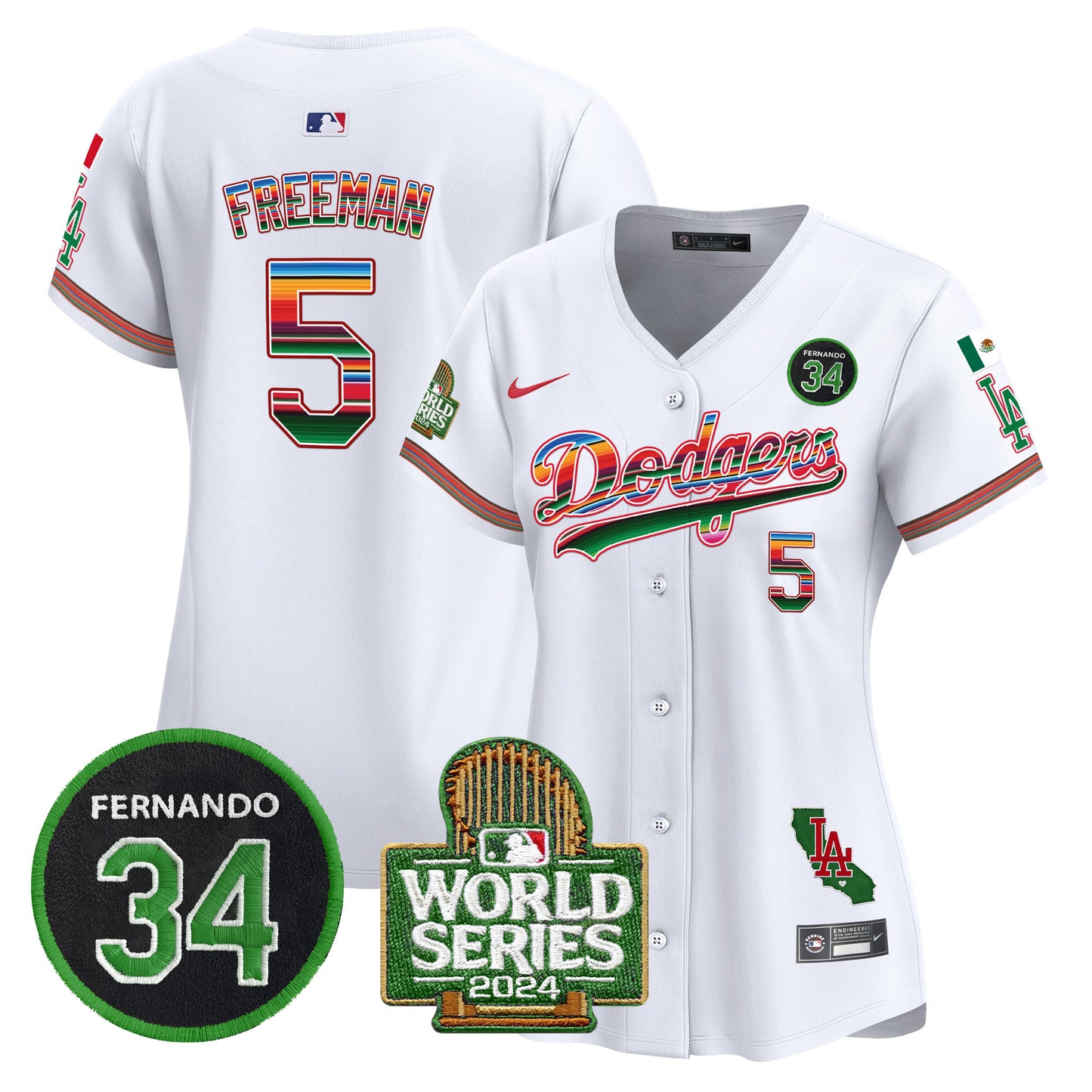 Women's Dodgers Mexico Fernando Memorial & 2024 World Series Patch Vapor Premier Limited Jersey - All Stitched