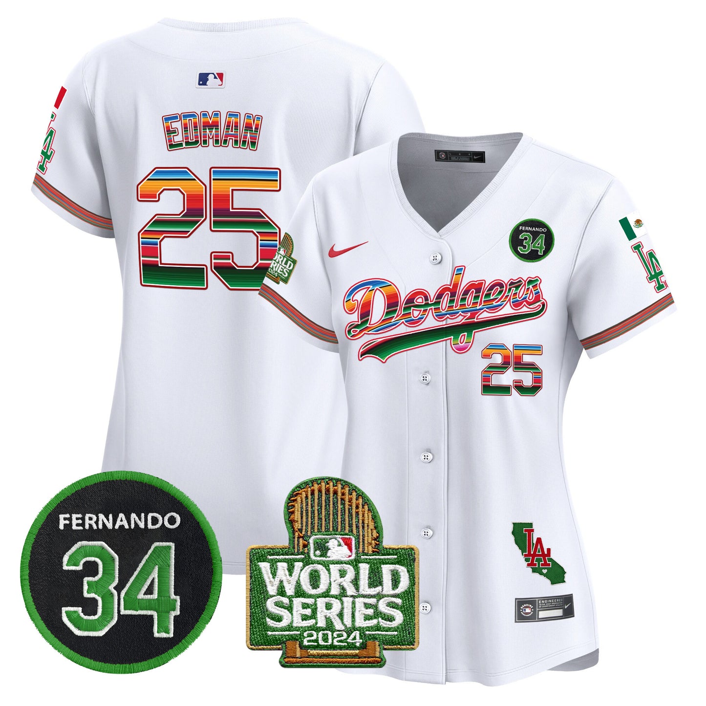 Women's Dodgers Mexico Fernando Memorial & 2024 World Series Patch Vapor Premier Limited Jersey - All Stitched