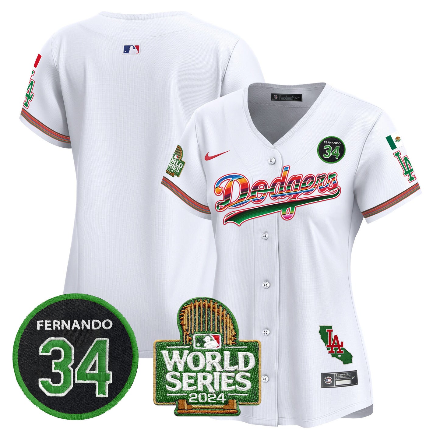 Women's Dodgers Mexico Fernando Memorial & 2024 World Series Patch Vapor Premier Limited Jersey - All Stitched