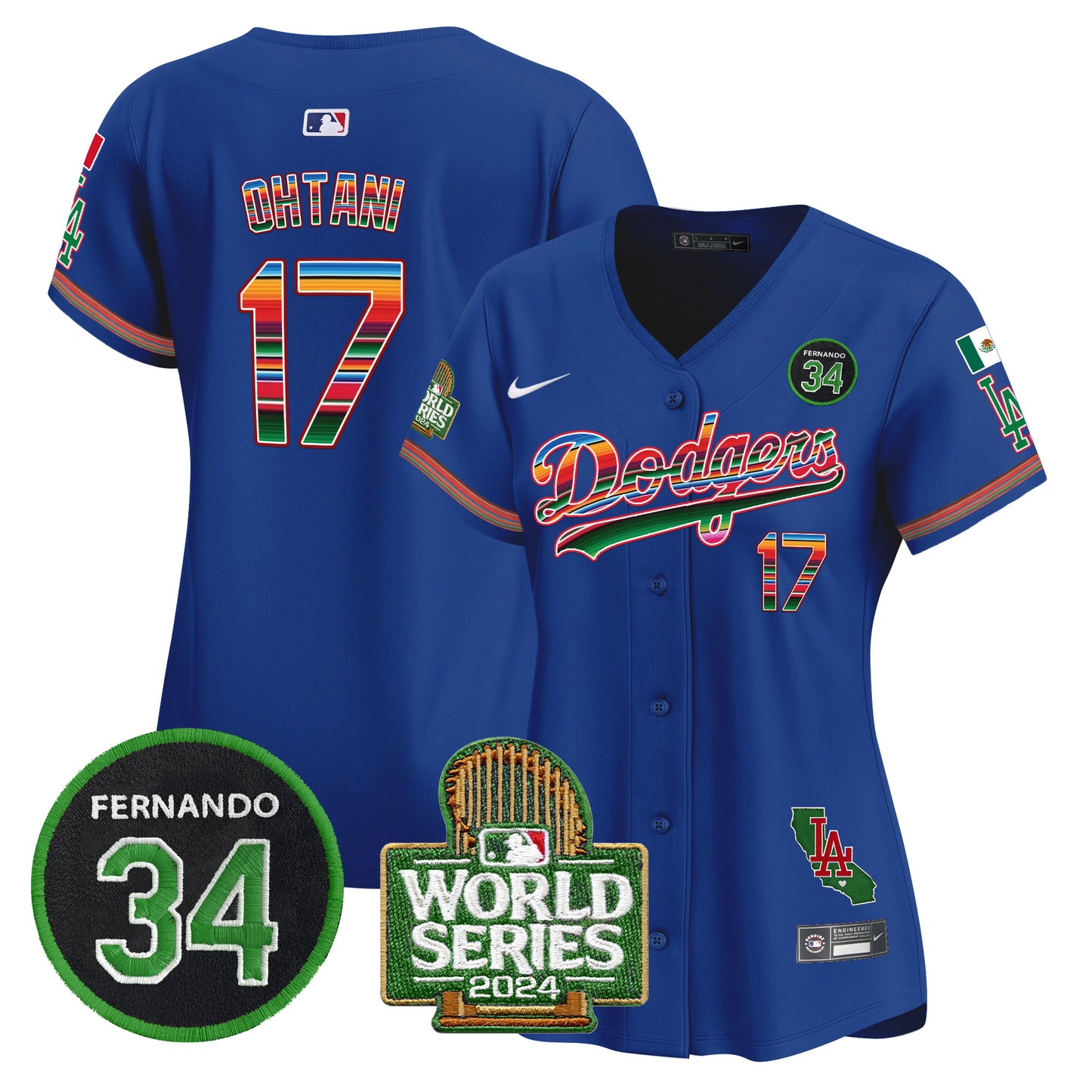 Women's Dodgers Mexico Fernando Memorial & 2024 World Series Patch Vapor Premier Limited Jersey - All Stitched