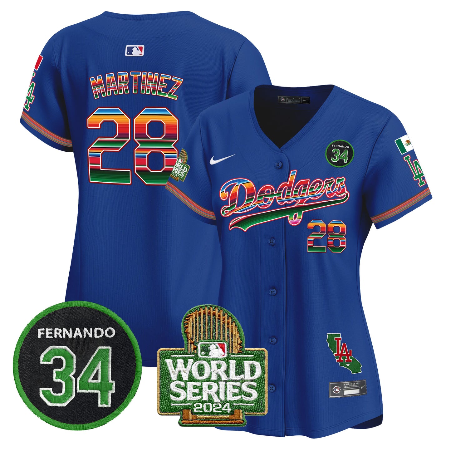 Women's Dodgers Mexico Fernando Memorial & 2024 World Series Patch Vapor Premier Limited Jersey - All Stitched