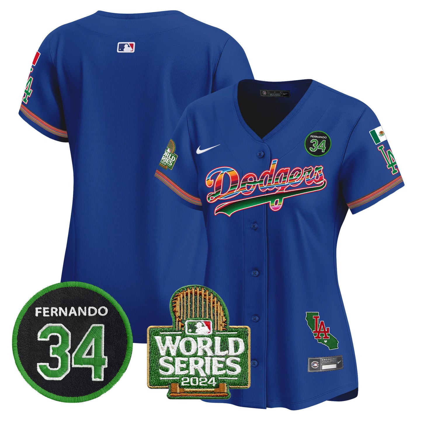 Women's Dodgers Mexico Fernando Memorial & 2024 World Series Patch Vapor Premier Limited Jersey - All Stitched