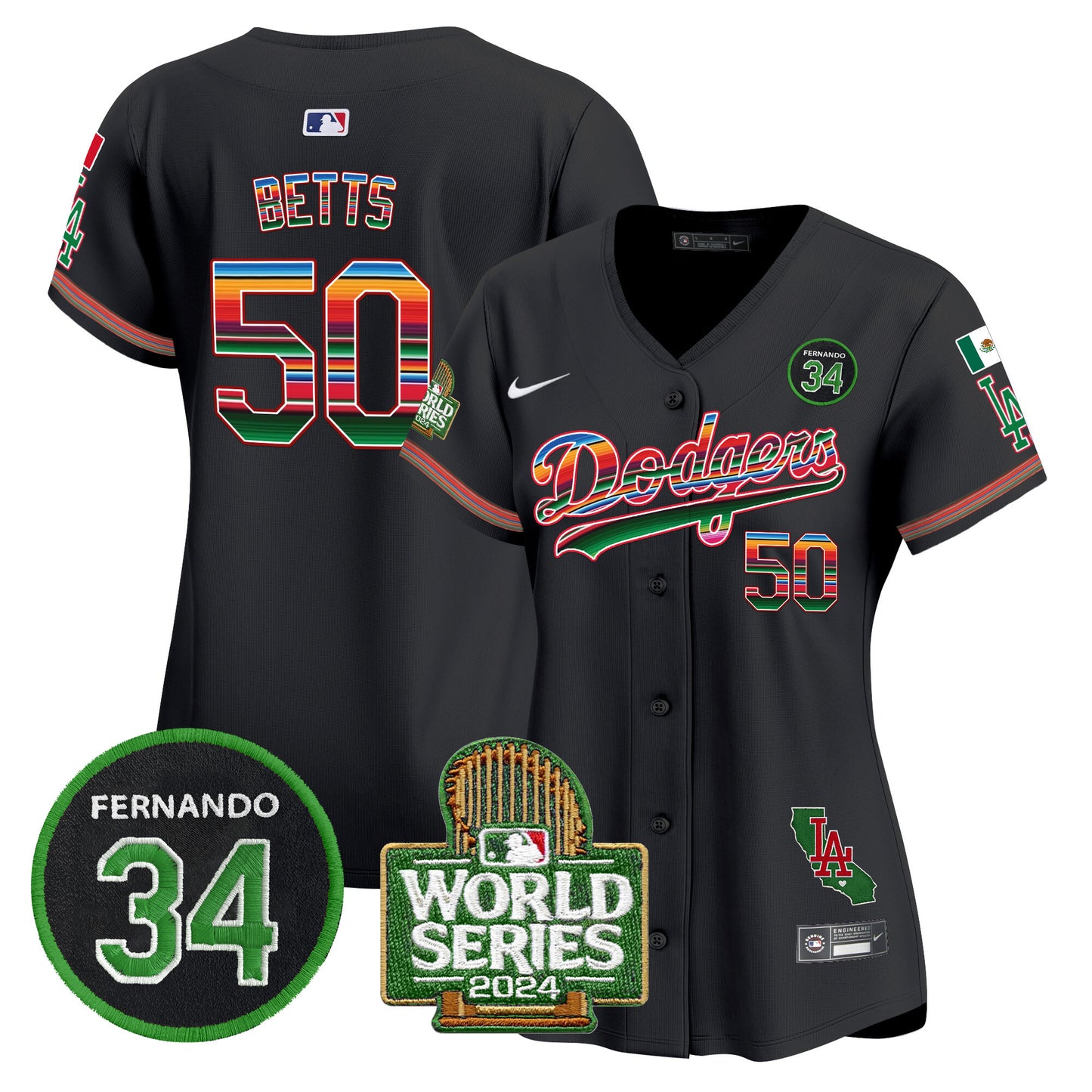 Women's Dodgers Mexico Fernando Memorial & 2024 World Series Patch Vapor Premier Limited Jersey - All Stitched