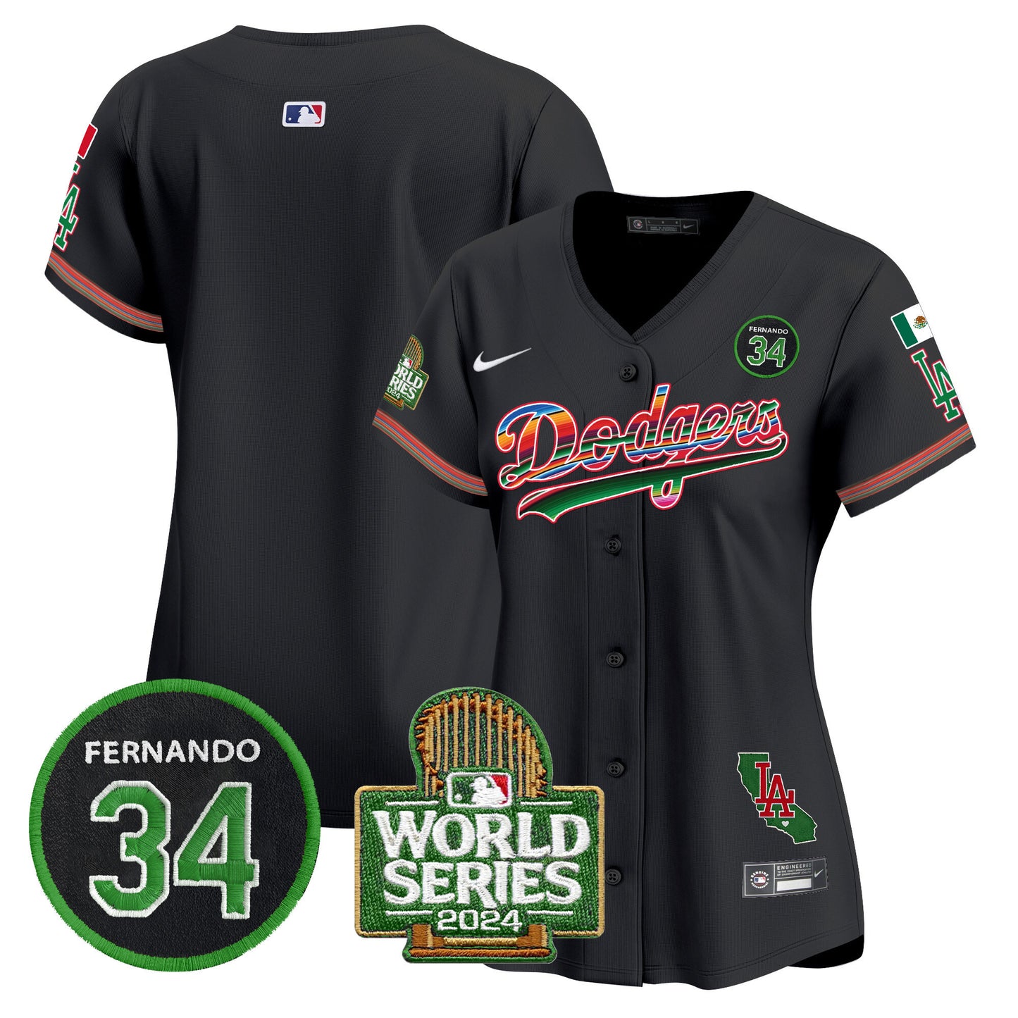Women's Dodgers Mexico Fernando Memorial & 2024 World Series Patch Vapor Premier Limited Jersey - All Stitched