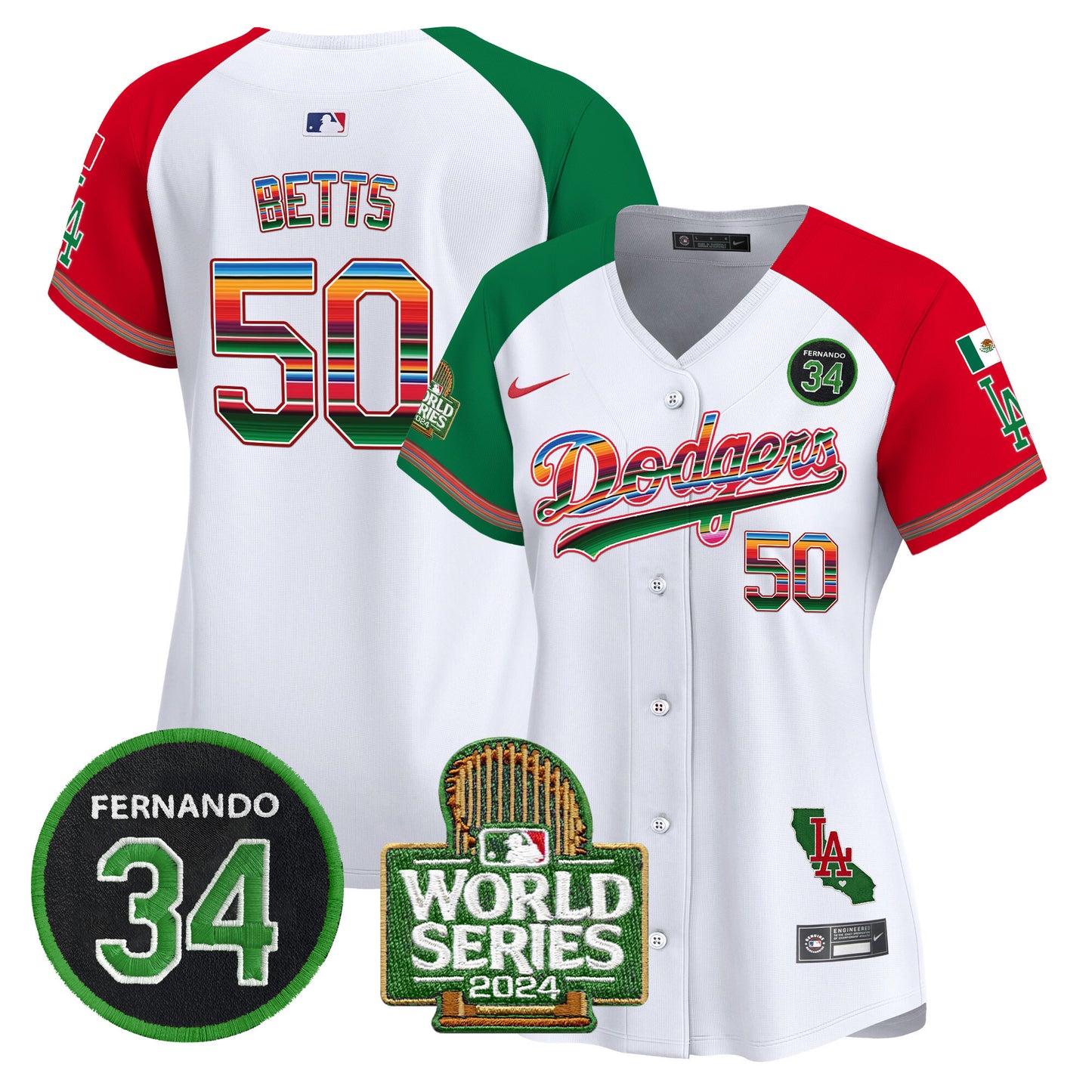 Women's Dodgers Mexico Fernando Memorial & 2024 World Series Patch Vapor Premier Limited Jersey - All Stitched