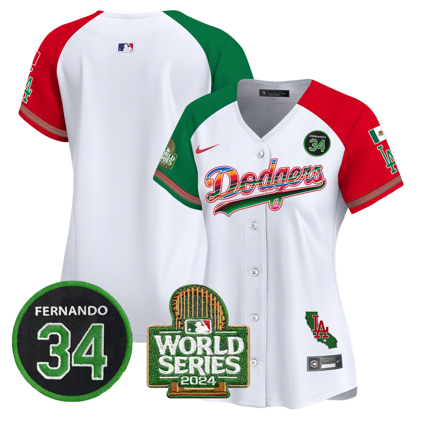 Women's Dodgers Mexico Fernando Memorial & 2024 World Series Patch Vapor Premier Limited Jersey - All Stitched