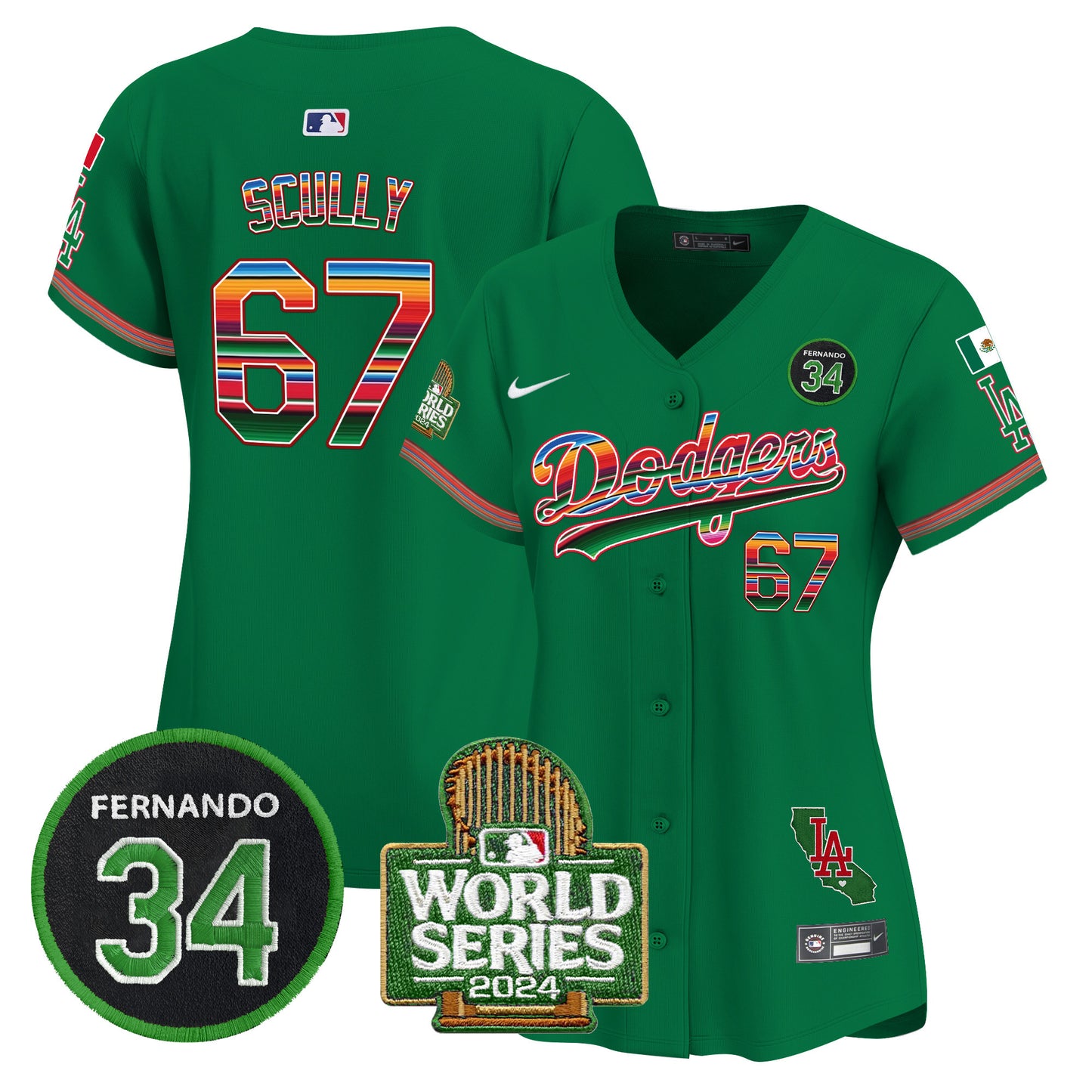 Women's Dodgers Mexico Fernando Memorial & 2024 World Series Patch Vapor Premier Limited Jersey - All Stitched