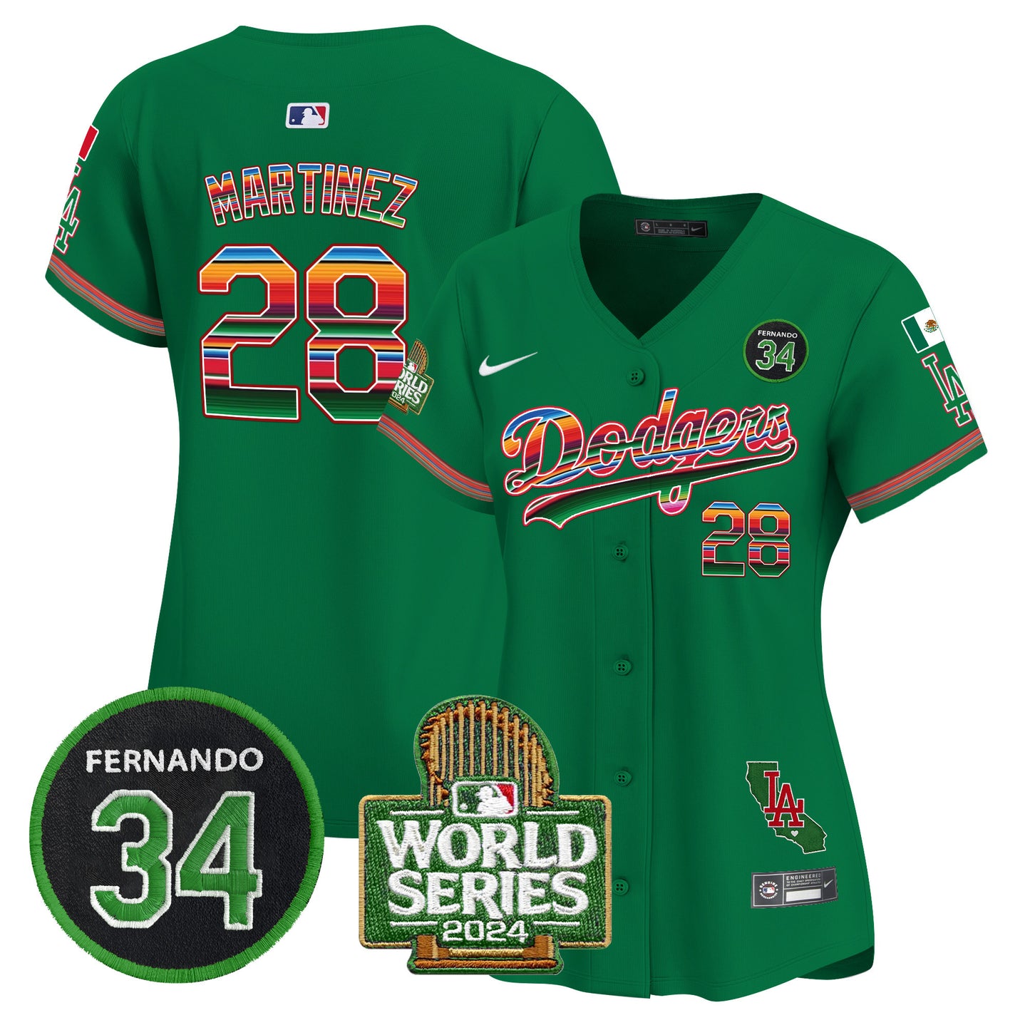 Women's Dodgers Mexico Fernando Memorial & 2024 World Series Patch Vapor Premier Limited Jersey - All Stitched