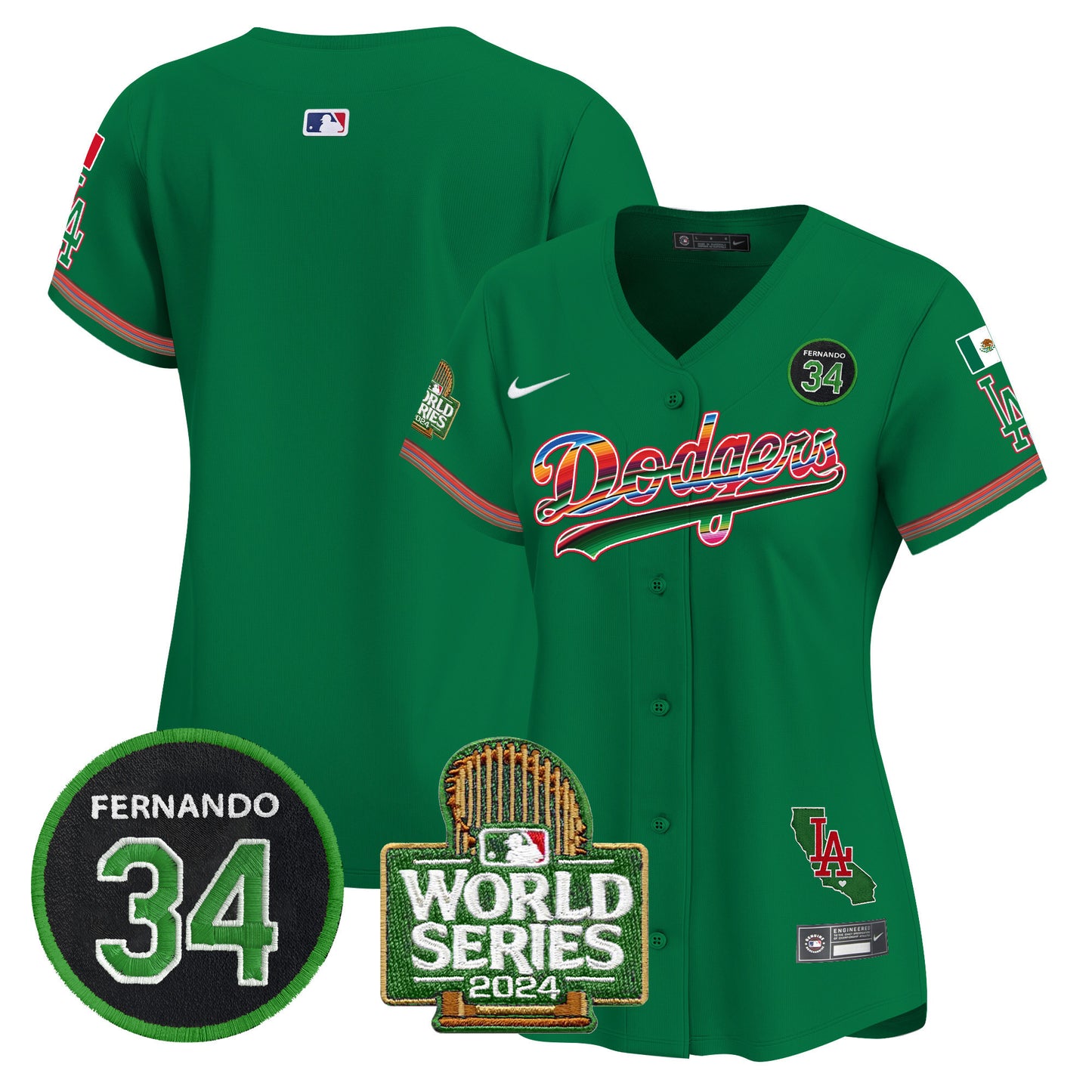 Women's Dodgers Mexico Fernando Memorial & 2024 World Series Patch Vapor Premier Limited Jersey - All Stitched