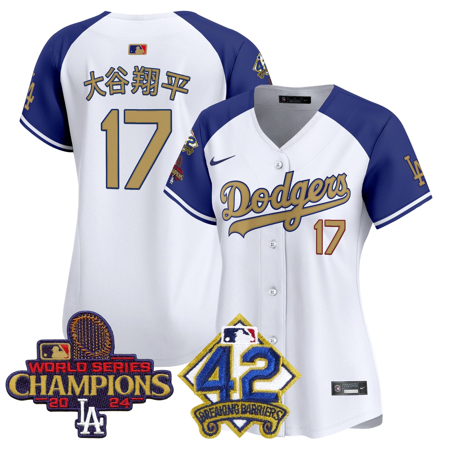 Women's Dodgers 2024 World Series Champions & Jackie Robinson Patch Vapor Premier Limited Jersey - All Stitched