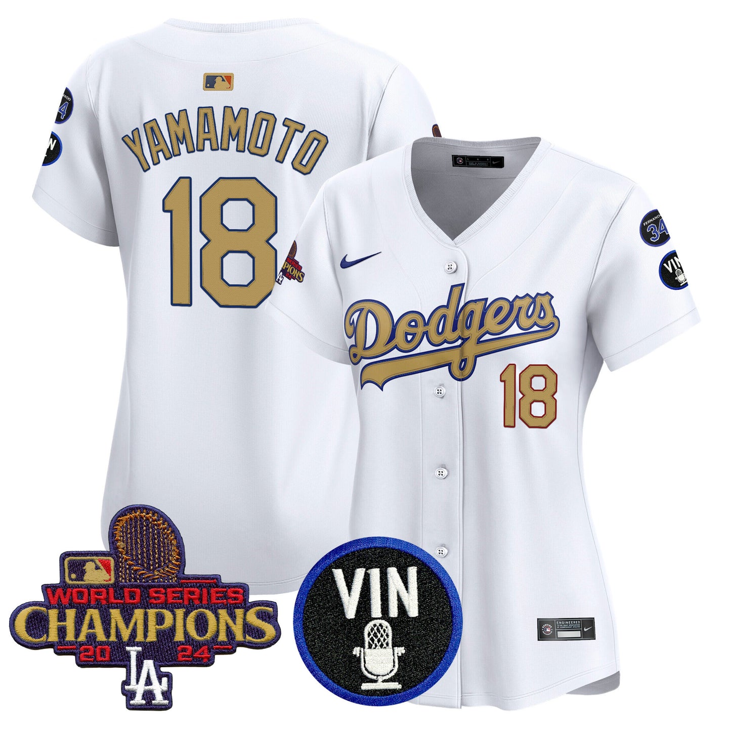 Women's Dodgers 2025 Vin Scully & #34 Fernando Patch Gold Vapor Premier Limited Jersey - All Stitched