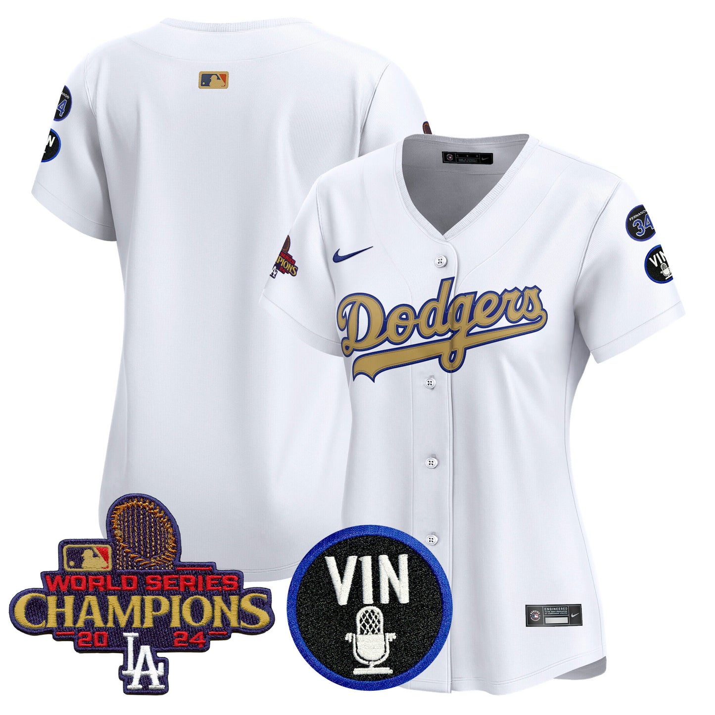 Women's Dodgers 2025 Vin Scully & #34 Fernando Patch Gold Vapor Premier Limited Jersey - All Stitched