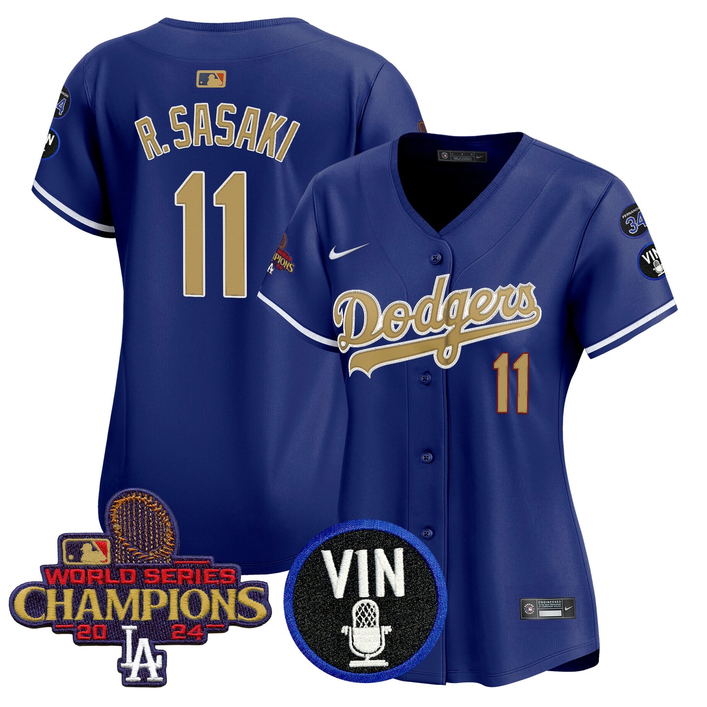 Women's Dodgers 2025 Vin Scully & #34 Fernando Patch Gold Vapor Premier Limited Jersey - All Stitched