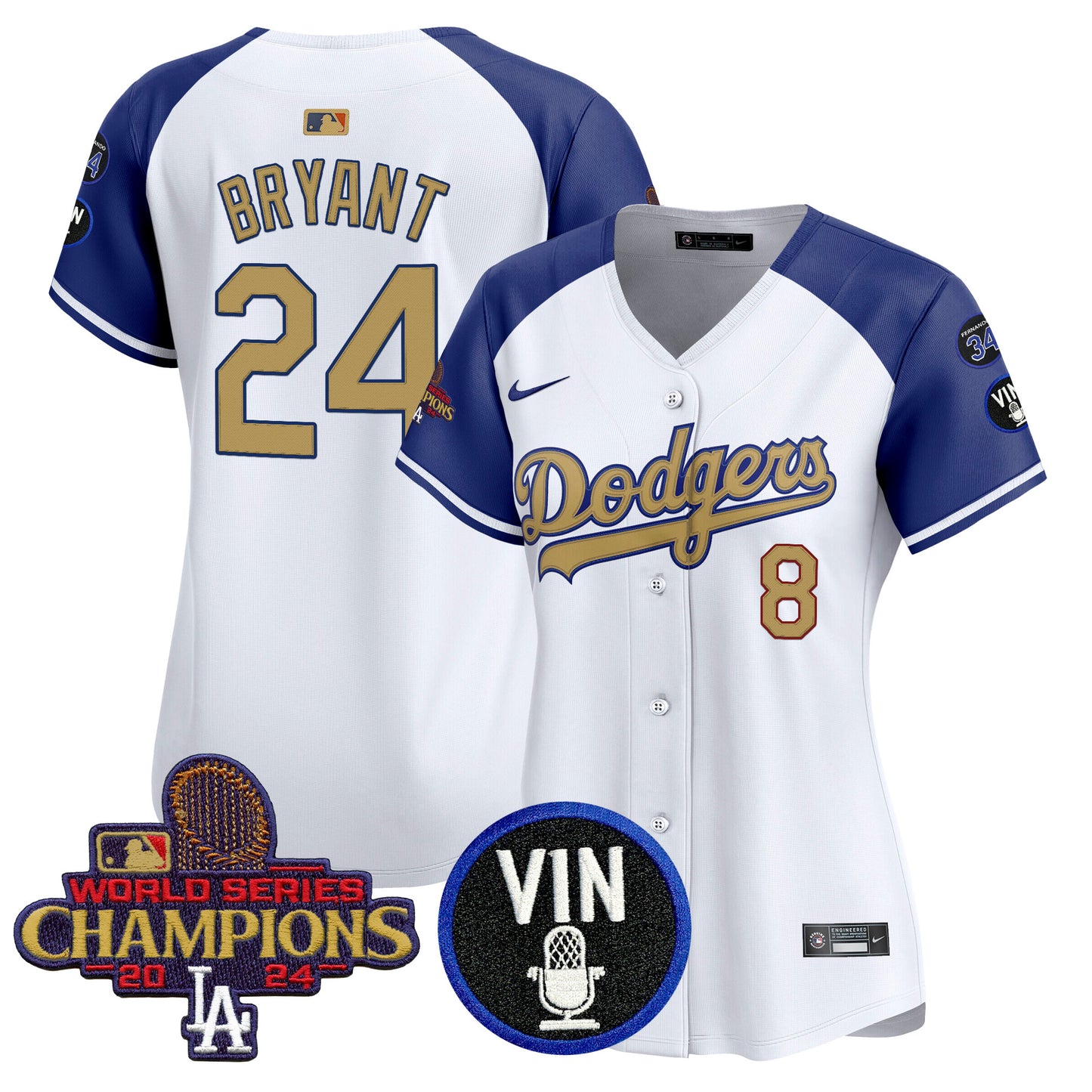 Women's Dodgers 2025 Vin Scully & #34 Fernando Patch Gold Vapor Premier Limited Jersey - All Stitched