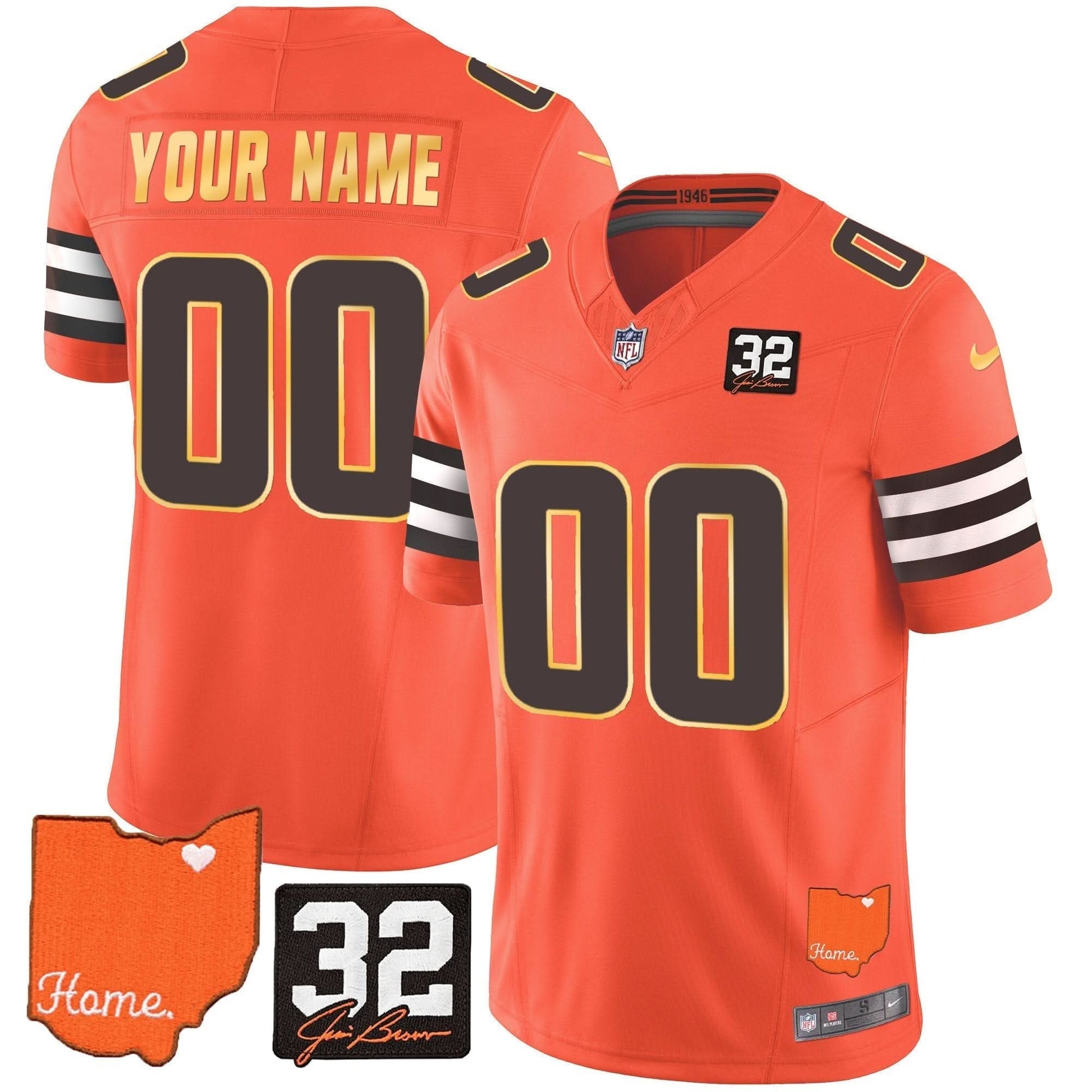 Browns #32 Jim Brown Memorial & Home Patch Gold Trim Custom Jersey - All Stitched